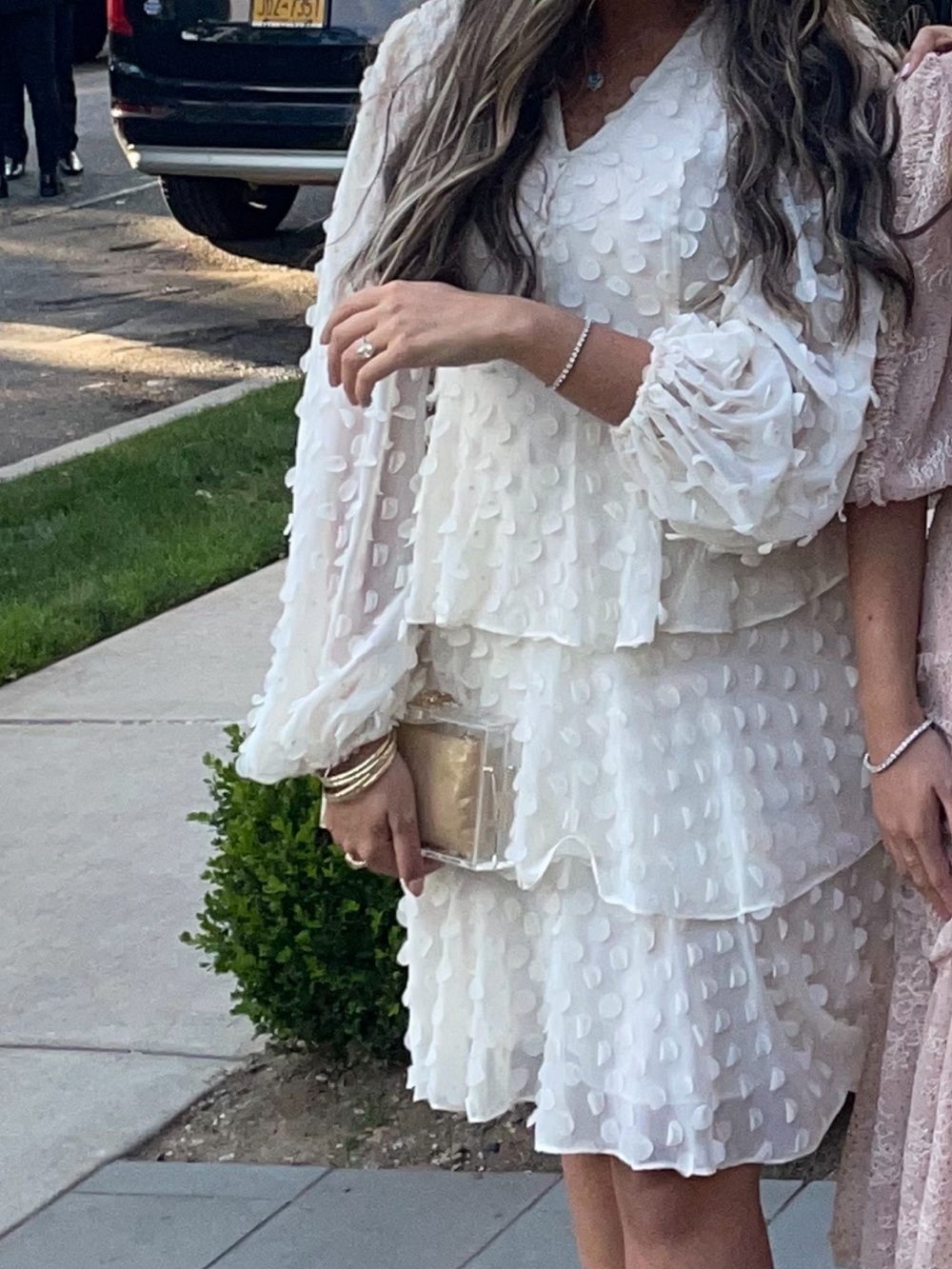 White Textured Tiered V-Neck Women's Dress